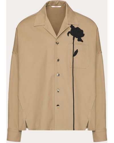 Valentino Stretch Cotton Canvas Shirt Jacket With Flower Embroidery - Natural