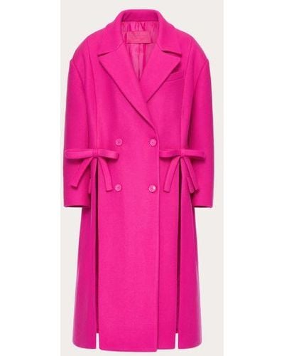 Valentino Diagonal Double Wool Coat With Bow Detail - Pink
