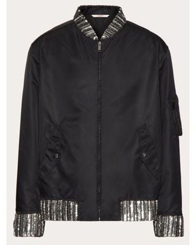 Valentino Nylon Bomber Jacket With Embroidered Sequins And Bezels - Black