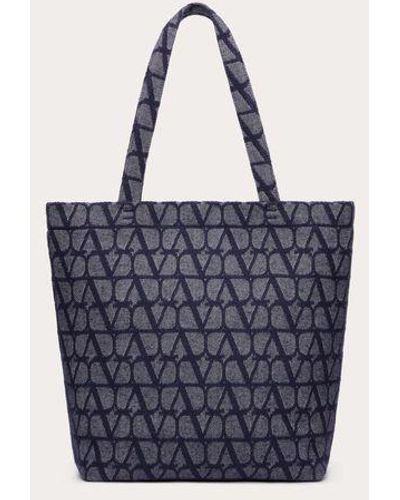 Valentino Garavani Mini Toile Iconographe Shopping Bag In Jacquard Fabric With Denim Effect - Blue