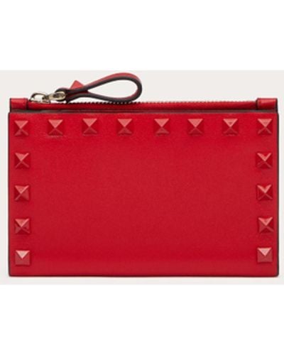 Valentino Garavani Rockstud Calfskin Cardholder With Zip - Red