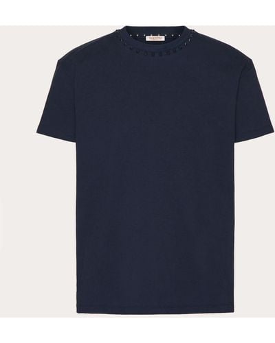 Valentino Cotton Crewneck T-shirt With Black Untitled Studs - Blue