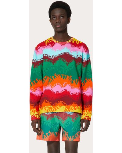Valentino Crewneck Cotton Sweatshirt With Waves Multicolour Print