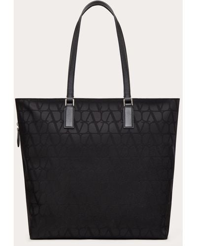 Valentino Garavani Toile Iconographe Shopping Bag In Technical Fabric With Leather Details - Black