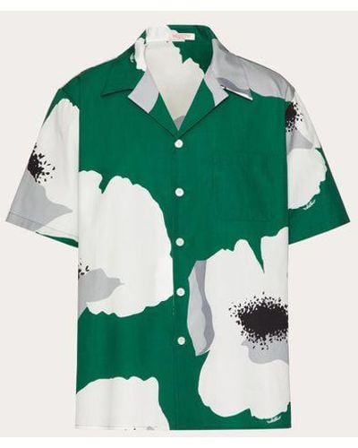 Valentino Cotton Poplin Bowling Shirt With Flower Portrait Print - Green