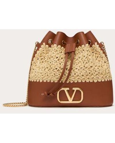 Valentino Garavani Mini Raffia Bucket Bag With Vlogo Signature Chain - Natural