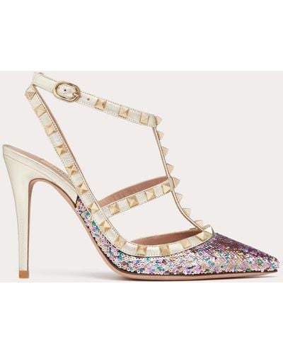 Valentino Garavani Rockstud Pump With Sequin Embroidery And Straps 100mm - Natural