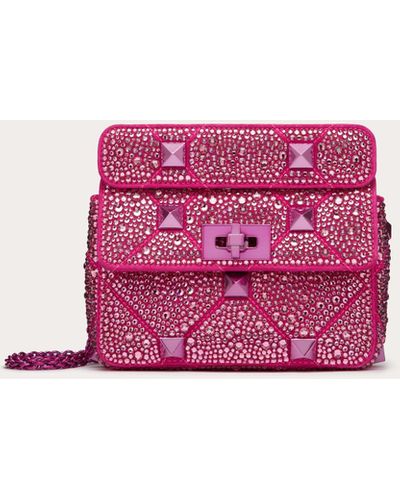 Valentino Garavani Small Roman Stud The Shoulder Bag Chain With Sparkling Embroidery - Pink