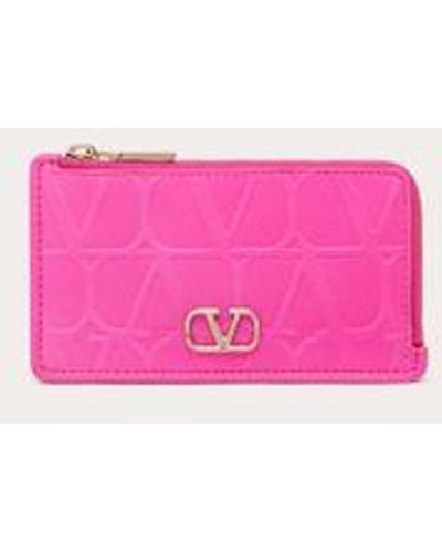 Valentino Garavani Leather Toile Iconographe Calfskin Cardholder With Zip - Pink
