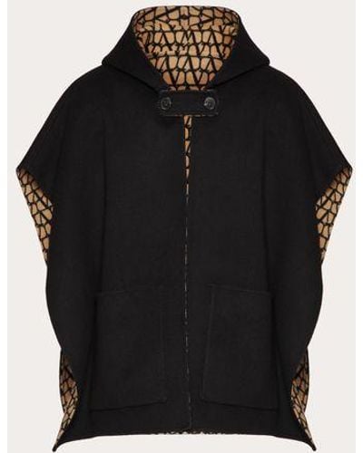 Valentino Reversible Double-faced Wool Cape With Hood And Toile Iconographe Pattern - Black