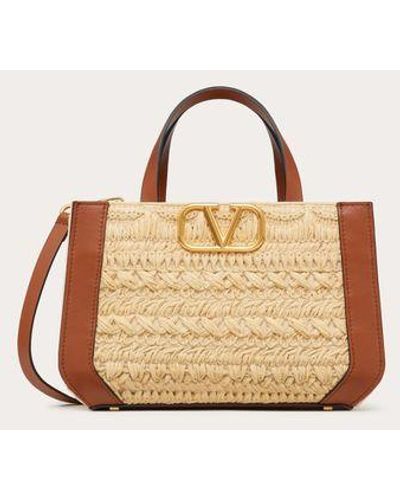 Valentino Garavani Vlogo Signature Handbag With Raffia Embroidery - Natural
