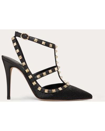 Valentino Garavani Satin Rockstud Pump With All-over Tubes Embroidery And Straps 100 Mm - Natural
