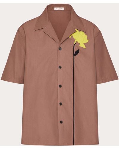 Valentino Cotton Poplin Bowling Shirt With Floral Cut-out Embroidery - Brown