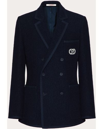 Valentino Double-breasted Bouclé Wool Jacket With Vlogo Signature Embroidery - Blue