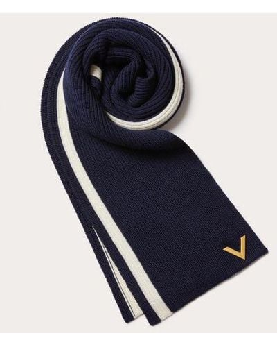 Valentino Garavani Wool Scarf With Metal V Appliqué - Blue