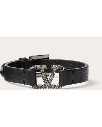 Valentino Garavani Vlogo Signature Leather And Crystal Bracelet - Black