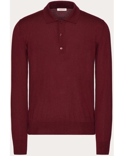 Valentino Long-sleeve Cashmere And Silk Polo Shirt With Vlogo Signature Embroidery - Red