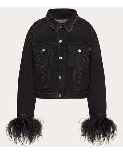 Valentino Embroidered Denim Jacket With Feathers - Black