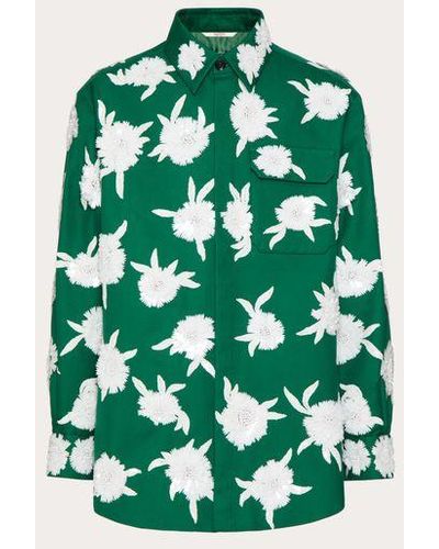 Valentino Double Cotton Shirt Jacket With Embroidered Sequin Flowers - Green