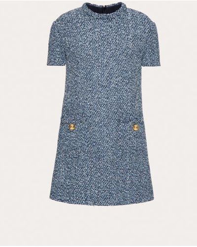 Valentino Short Dress In Textured Tweed Denim - Blue