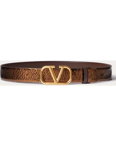 Valentino Garavani Vlogo Signature Reversible Belt In Metallic Calfskin With Craquele Effect And Shiny Calfskin - 30mm / 1.2 In. - Brown