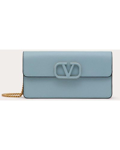 Valentino Garavani Vlogo Signature Grainy Calfskin Wallet With Chain - Blue