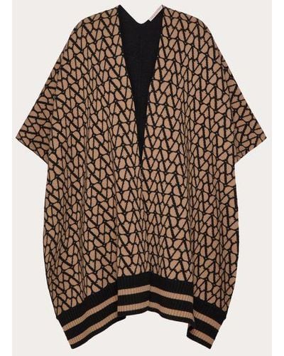 Valentino Toile Iconographe Knit Poncho In Wool And Jacquard - Brown
