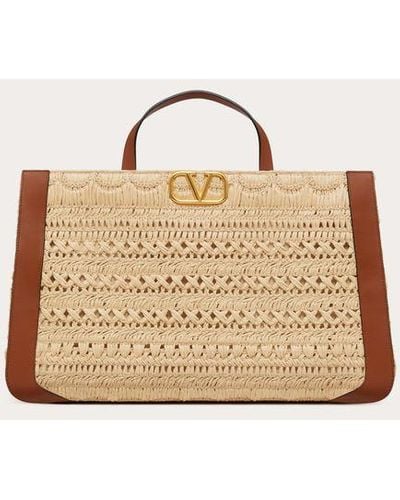 Valentino Garavani Vlogo Signature Embroidered Raffia Handbag - Natural