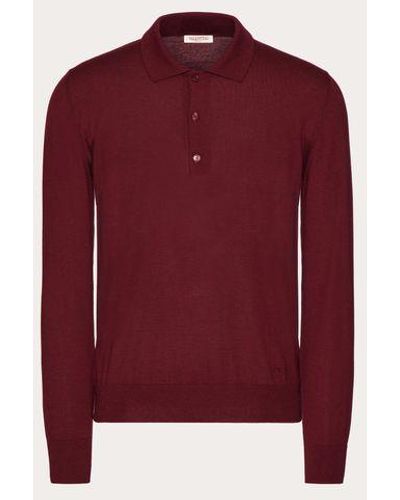 Valentino Long-sleeve Cashmere And Silk Polo Shirt With Vlogo Signature Embroidery - Red
