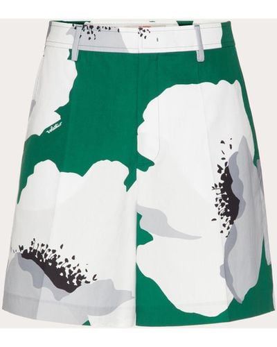Valentino Cotton Poplin Bermuda Shorts With Flower Portrait Print - Green