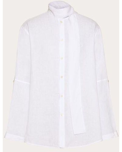 Valentino Linen Shirt With Scarf Collar And Vlogo Signature Embroidery - White
