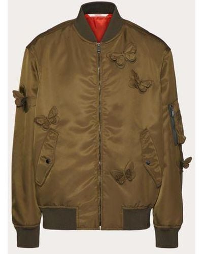 Valentino Nylon Bomber Jacket With Embroidered Butterflies - Green