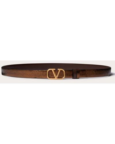 Valentino Garavani Reversible Vlogo Signature Belt In Metallic Calfskin With Craquele Effect And Shiny Calfskin 20 Mm - Natural