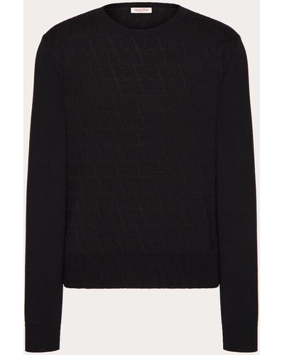 Valentino Crewneck Sweater In Viscose And Wool With Toile Iconographe Pattern - Black