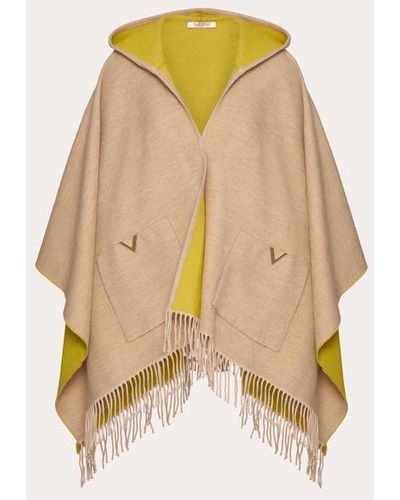 Valentino Garavani V Detail Wool And Cashmere Poncho With Hood And Metal V Appliqué - Yellow