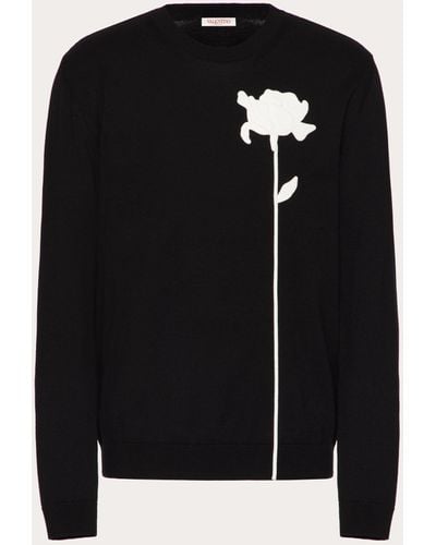 Valentino Wool Crewneck Sweater With Flower Embroidery - Black