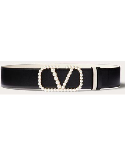 Valentino Garavani Vlogo Signature Reversible Belt In Shiny Calfskin With Pearls 40 Mm - Black