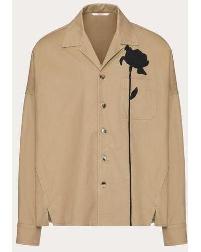 Valentino Giacca camicia in canvas di cotone stretch con ricamo fiore - Neutro
