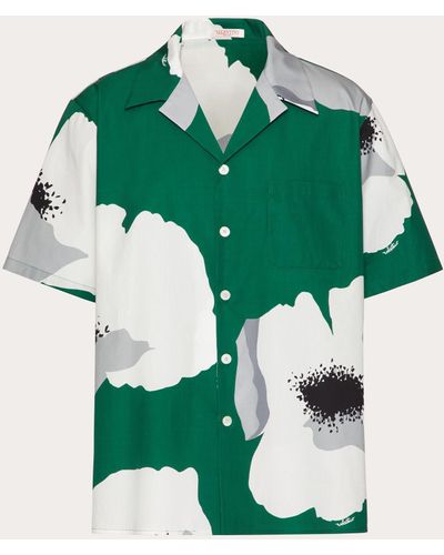 Valentino Cotton Poplin Bowling Shirt With Flower Portrait Print - Green