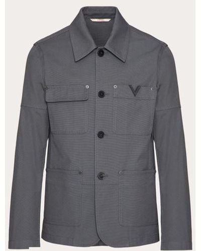Valentino Stretch Cotton Canvas Jacket With Metallic V Detail - Grey