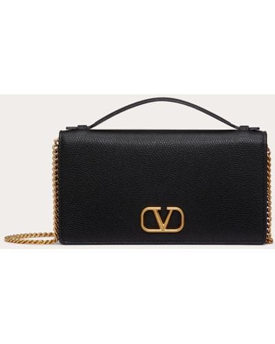 Valentino Garavani Vlogo Signature Grainy Calfskin Wallet With Chain - Natural