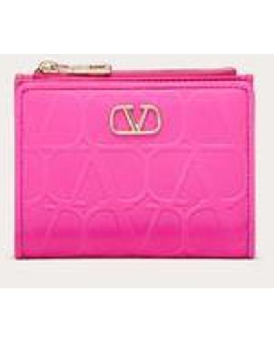 Valentino Garavani Leather Toile Iconographe Wallet In Calfskin - Pink