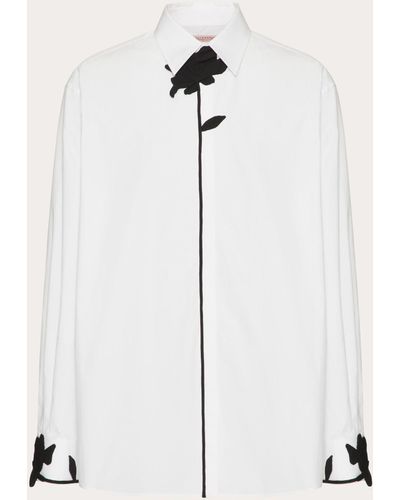Valentino Long-sleeved Shirt In Cotton Poplin With Flower Embroidery - White