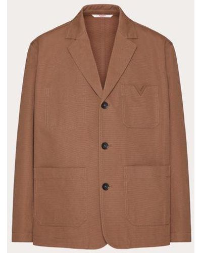 Valentino Single-breasted Stretch Cotton Canvas Jacket With Rubberised V Detail - Brown