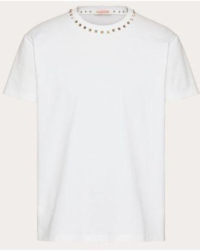 Valentino Cotton Crewneck T-shirt With Black Untitled Studs - Natural