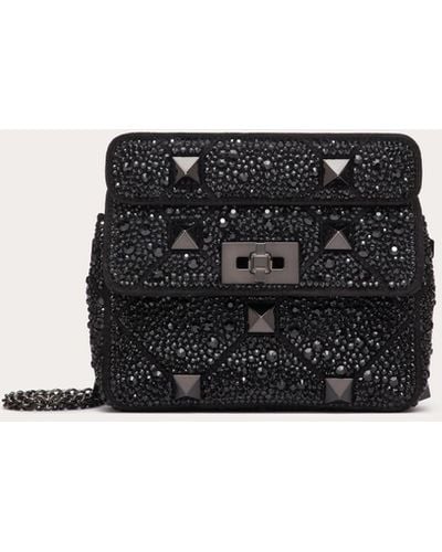 Valentino Garavani Small Roman Stud The Shoulder Bag And Chain With Sparkling Embroidery - Black