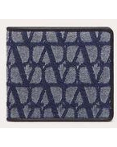 Valentino Garavani Toile Iconographe Wallet In Denim-effect Jacquard Fabric With Leather Details - Blue