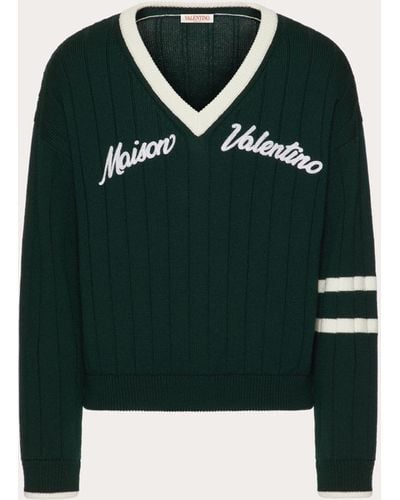 Valentino Maison Embroidered V-neck Wool Sweater - Green