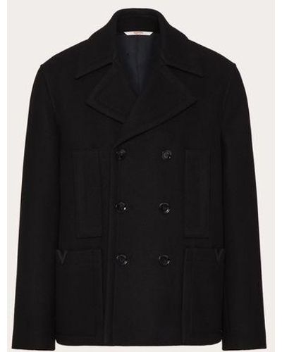 Valentino Technical Wool Cloth Peacoat With Rubberised V Detail - Black