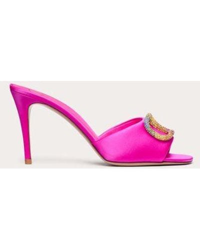 Valentino Garavani Escape Slide Sandals In Satin With 90mm Crystals - Pink